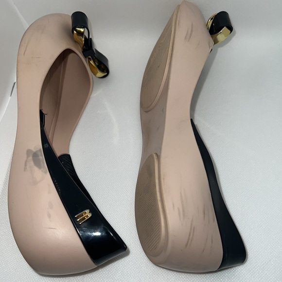 Melissa Queen IV blush black peep toe front bow ballerina flats Sz 6 - Picture 7 of 13